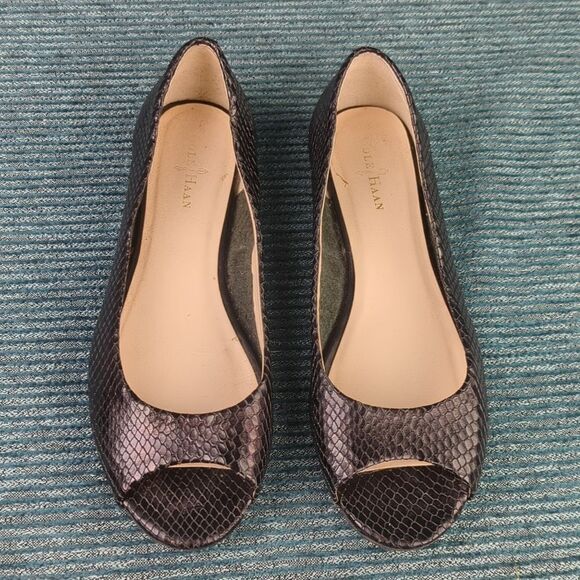 Cole Haan Morgan Peep Toe Ballet Flats Black Leather Uppers Embossed Snakeskin - Picture 2 of 16